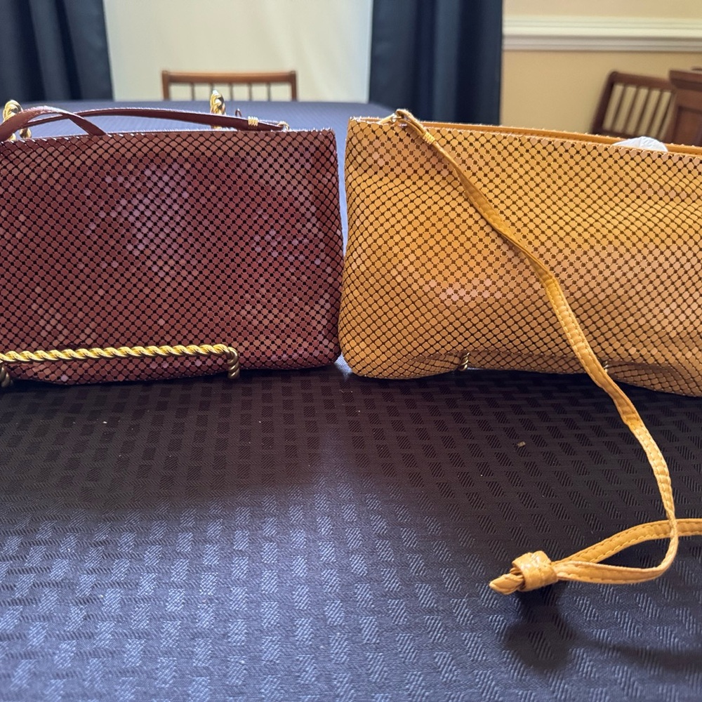 2 Soft sided White and Davis vintage mesh bags in brown and gold